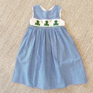 Blue and White girls kids smocked Dress with Frog Embroidery 5